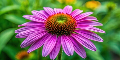 Obraz premium Purple coneflower in full bloom with bright purple petals and yellow center against a green leafy background, purple, flowers