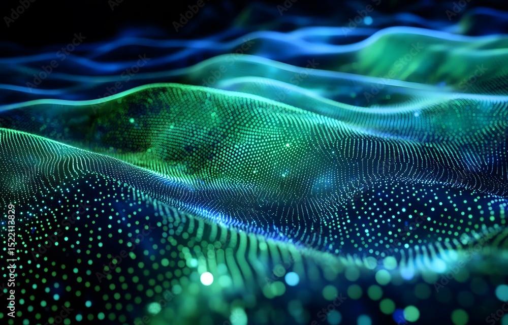 Poster abstract digital background with a green gradient and a wave of dots in a dark blue color.