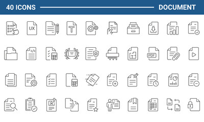 Document set of web icons in line style. Documents linear icon collection. Containing contract papers, folder, certificate, accept, approved, clipboard, invoice, archive and more. Editable stroke