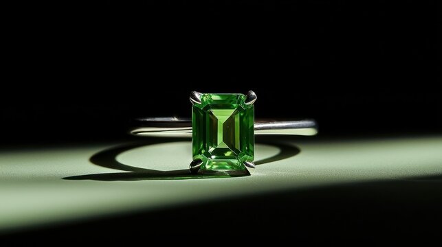 A radiant green emerald cut gemstone set in a silver ring