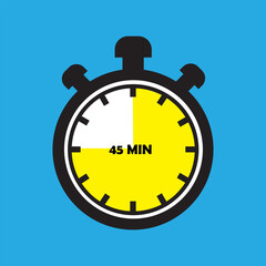45 Minutes Timer Icon, Modern Flat Design. Clock, Stopwatch, Chronometer Showing Forty five Minutes Label. Cooking time, Countdown Indication.