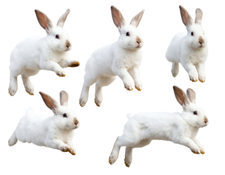 White rabbits jumping in playful motion