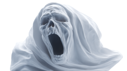 A ghostly figure with a skull like face and open mouth draped in a white sheet against black background on transparent background