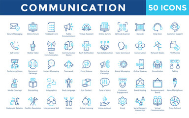 Communication icons set with secure messaging, online forum, feedback form, public announcement, virtual assistant, online survey, qr code scanner, barcode icon. Simple outline color vector 
