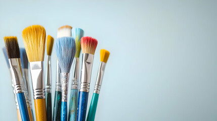 Fototapeta premium Assortment Of Colorful Paintbrushes On Light Blue Background
