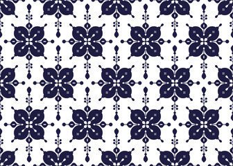 Seamless dark blue floral blooming on white background, ethnic fabric seamless pattern, design for cloth, carpet, batik, wallpaper, wrapping etc.