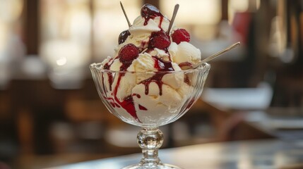 A delicious sundae with toppings served in a crystal glass
