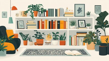 Cozy living room with bookshelves and plants. Interior design. Possible use Stock photo for interior design inspiration