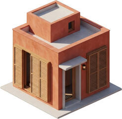 Modern Coral House Exterior Isometric 3D Render Flat Roof Wooden Shutters Minimalist Design