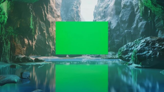 Green Screen in Magical Cave with Reflections and Light