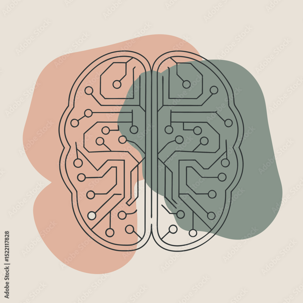 Poster stylized brain with circuit board design against soft shapes