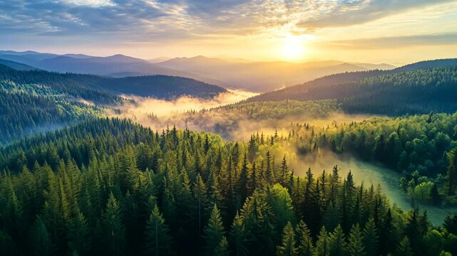 Passage over scenic, sunlit evergreen mountains shrouded in mist, aerial shot