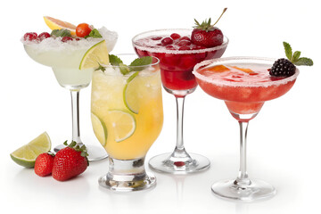 Four refreshing summer cocktails with fruit garnish
