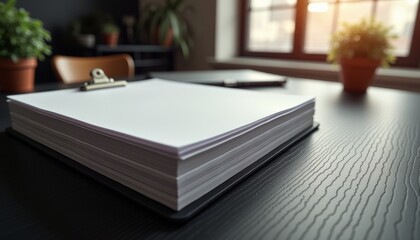 Stack of legal documents with clip on wooden desk in modern office  