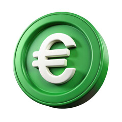 Obraz premium Euro Currency Symbol on Green Coin 3d icon in cartoon plastic style minimal isolated on transparent white background, clipping path