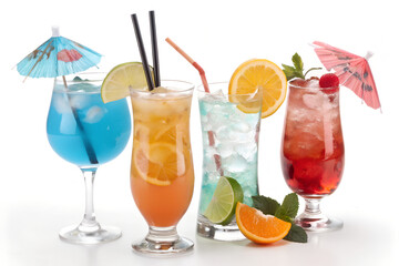 Four colorful tropical cocktails with fruit garnishes
