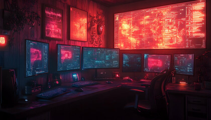 Cluttered control room with glowing screens and digital displays in red and blue, lit by neon lights