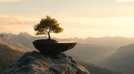 A small tree grows in a surreal pot on top of a rock