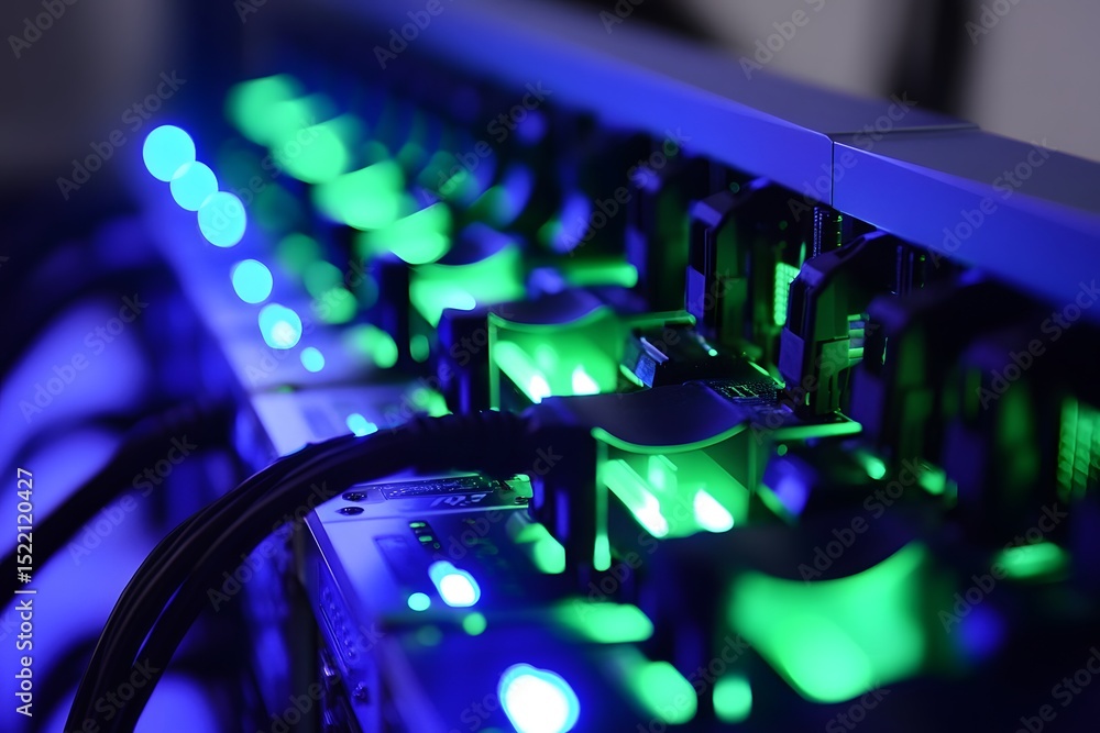Poster a close-up of many computer servers with green and blue lights in the background