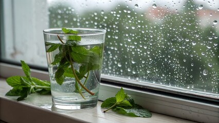 Refreshing mint leaves in a glass of water sit on a windowsill overlooking a rainy day, showcasing a tranquil scene perfect for relaxation and herbal tea imagery.