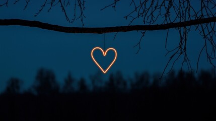 A glowing heart shape hangs delicately from a tree branch