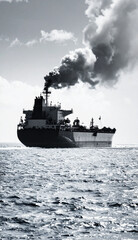 Large cargo ship at sea emitting dark smoke pollution impacting the ocean environment