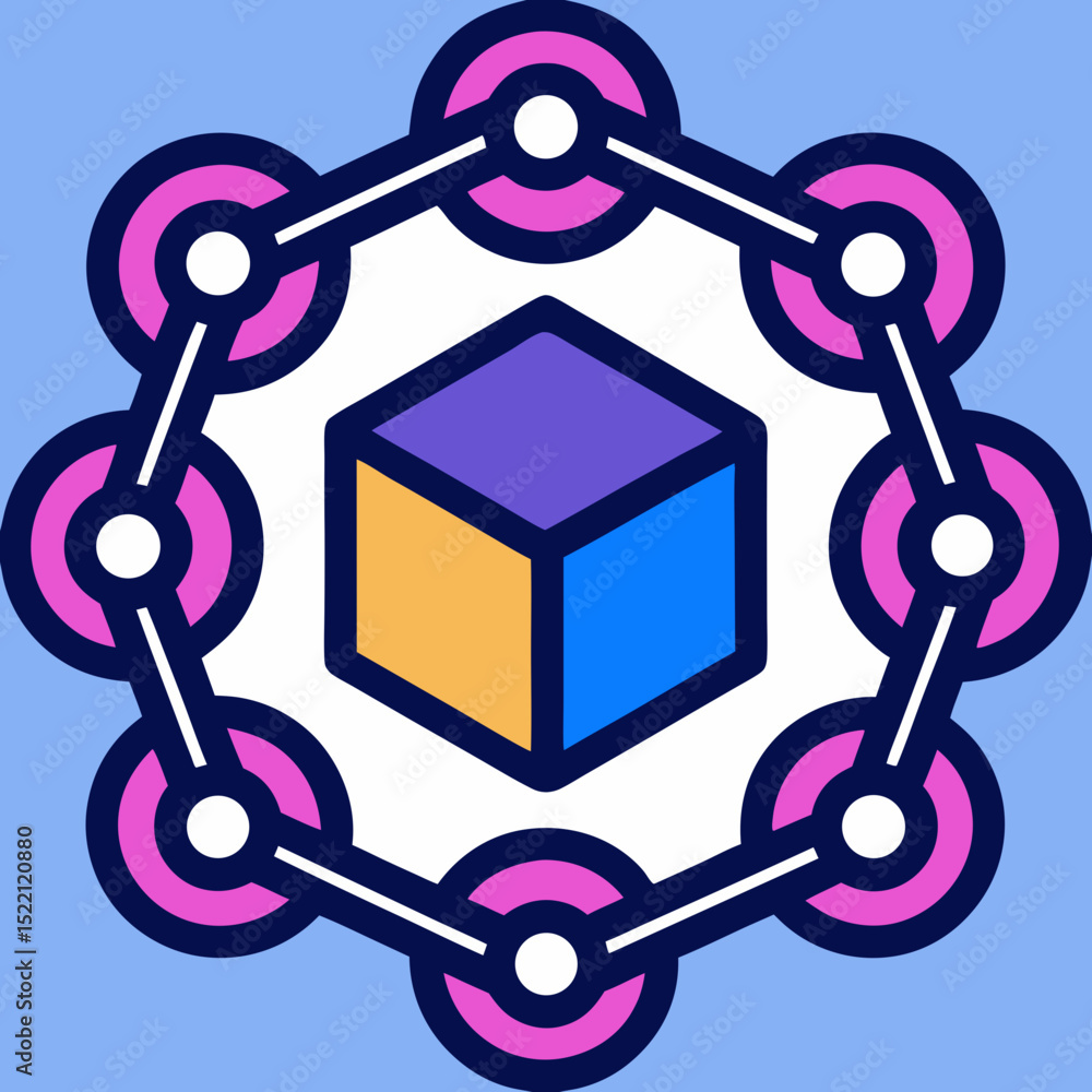 Poster colorful cube surrounded by connected circles and lines