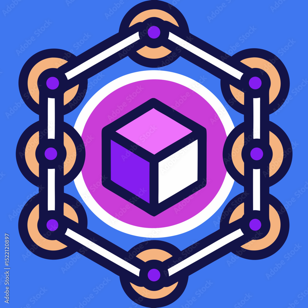 Poster Geometric cube within linked circles on blue background