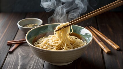 Steaming bowl of delicious noodles being lifted with chopsticks on a dark wooden table background showcasing Asian cuisine and culinary delights a perfect visual for food blogs and restaurants.
