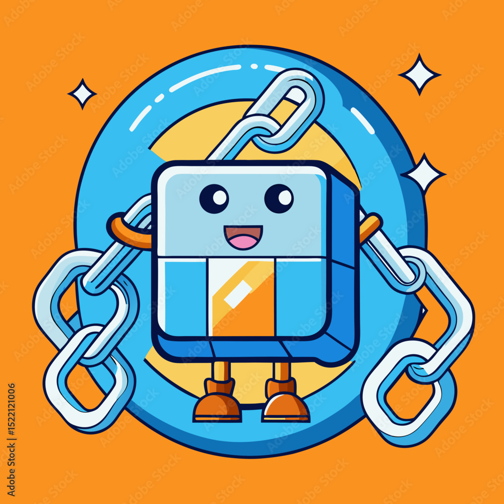 Poster cartoon block character with chains on an orange background