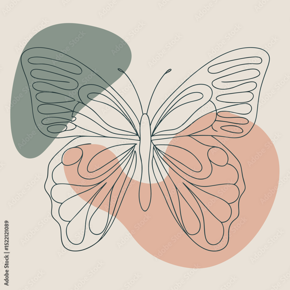 Poster minimalist line art butterfly with abstract color shapes