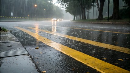 Rainy City Street Scene Showing Wet Asphalt Road with Yellow Stripes Cars in Background Drizzle Weather Urban Landscape