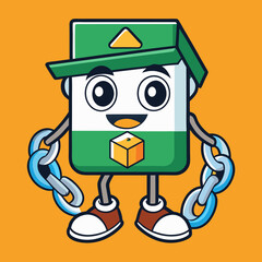 Cartoon box character with chains and hat on orange background