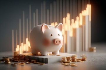 3D Rendered Piggy Bank on Pedestal Illuminated with Spotlight and Gold Coins Background