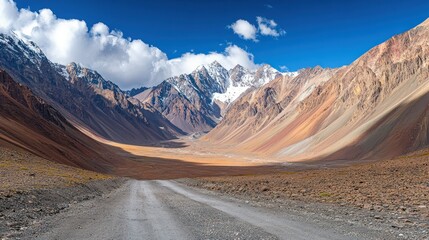 A dirt road travels through a valley between snow covered mountains