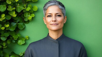 Elegant Portrait of A Confident Woman: This portrait features a sophisticated woman with short grey hair and a composed expression.