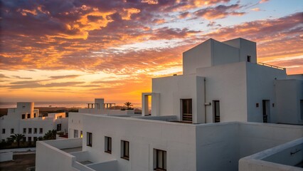 Stunning sunset over a modern white architecture complex near the ocean a beautiful coastal residential development showcasing elegant design and panoramic views.