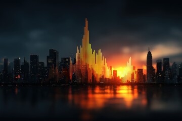 Modern 3D Graph Rendering of Rising Trends Over City Skyline at Sunset
