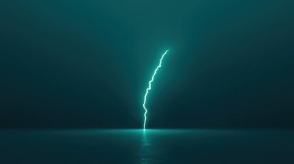 A luminous teal lightning bolt strikes a reflective surface calmly