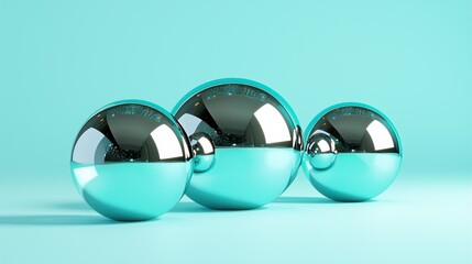 Three reflective spheres positioned on a smooth turquoise surface