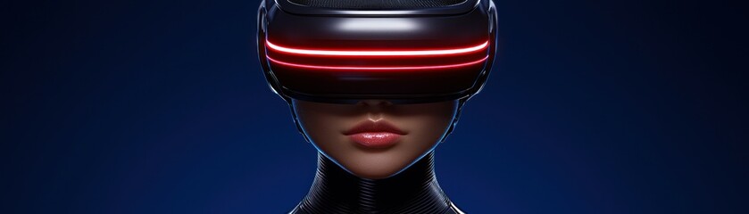 A woman is wearing a futuristic virtual reality headset and glasses