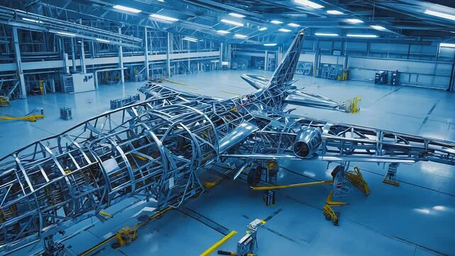Airplane frame under construction inside factory hangar