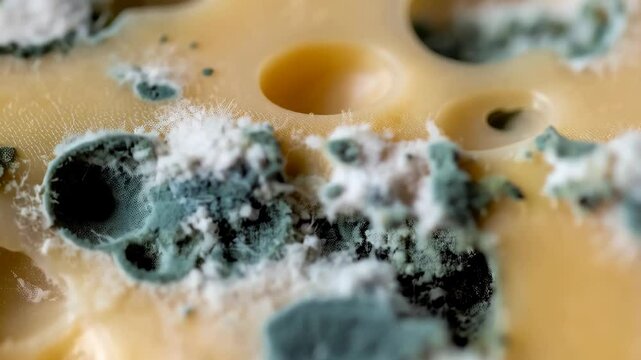Close-up shot of aging cheese with mold colonies growing on the surface and inside the air holes, bacterial contamination.