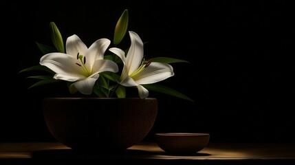 Delicate white lilies in a dark container against black backdrop