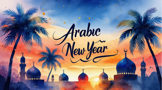 Arabic New Year greeting card illustration in a colorful watercolor style