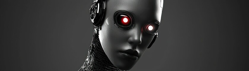 A detailed grayscale portrait depicting an advanced robotic humanoid head