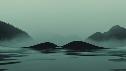 A serene landscape features mountains and water in a misty atmosphere