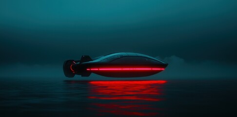 A futuristic submarine is floating above reflective water in dark conditions