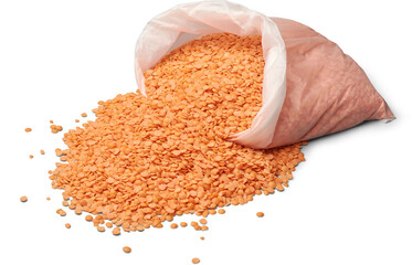pile of red lentils or masoor dal in transparent shopping bag and scattered isolated white...