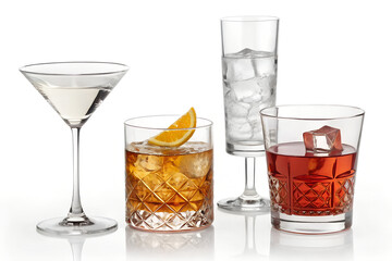 Three elegant cocktails with ice in crystal glasses